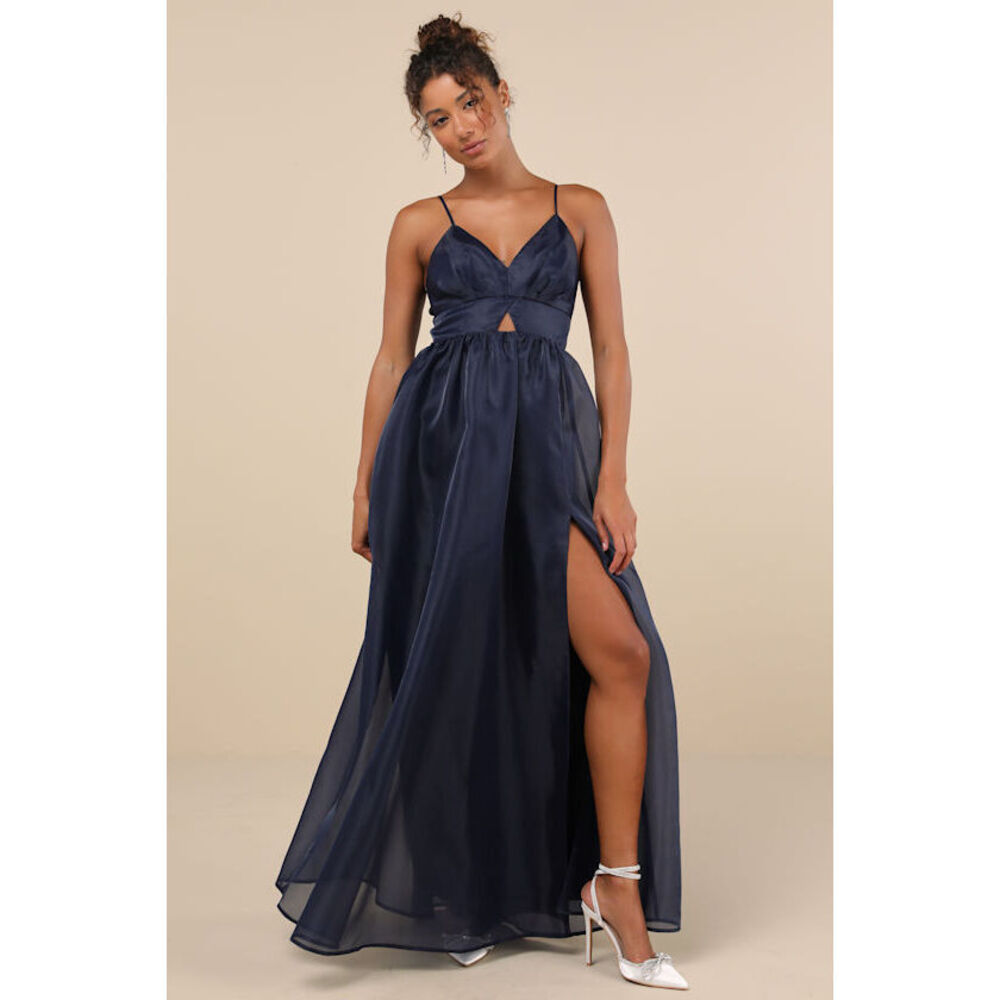 Lulus Authentic Glamour Navy Organza Sleeveless Cutout Maxi Dress Blue - Size M